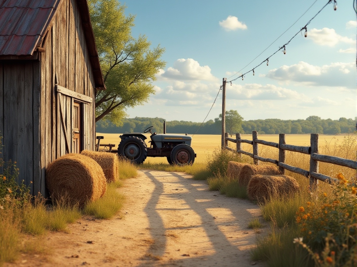 Prompt: Rural venue, khaki color, earthy tone, natural scenery, wooden fence, rustic door, hay bales, wildflowers, vintage tractor, old pickup truck, rural landscape, sunny day, clear blue sky, few white clouds, gentle breeze, realistic texture, warm lighting, soft focus, shallow depth of field, 3/4 composition, facial close-up.