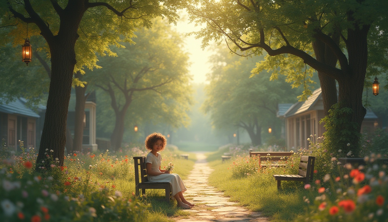 Prompt: Rural campus, romanticism style, serene atmosphere, afternoon sunlight filtering through trees, gentle breeze rustling leaves, blooming wildflowers in vibrant colors, old wooden benches amidst lush greenery, winding stone paths, nostalgic lanterns hung from branches, soft misty lighting, warm color palette, vintage cameras and books scattered around, a girl with curly brown hair, bright smile, gentle eyes, wearing a flowy white dress, holding a bouquet of wildflowers, sitting on a bench, lost in thought, surrounded by nature's tranquility.