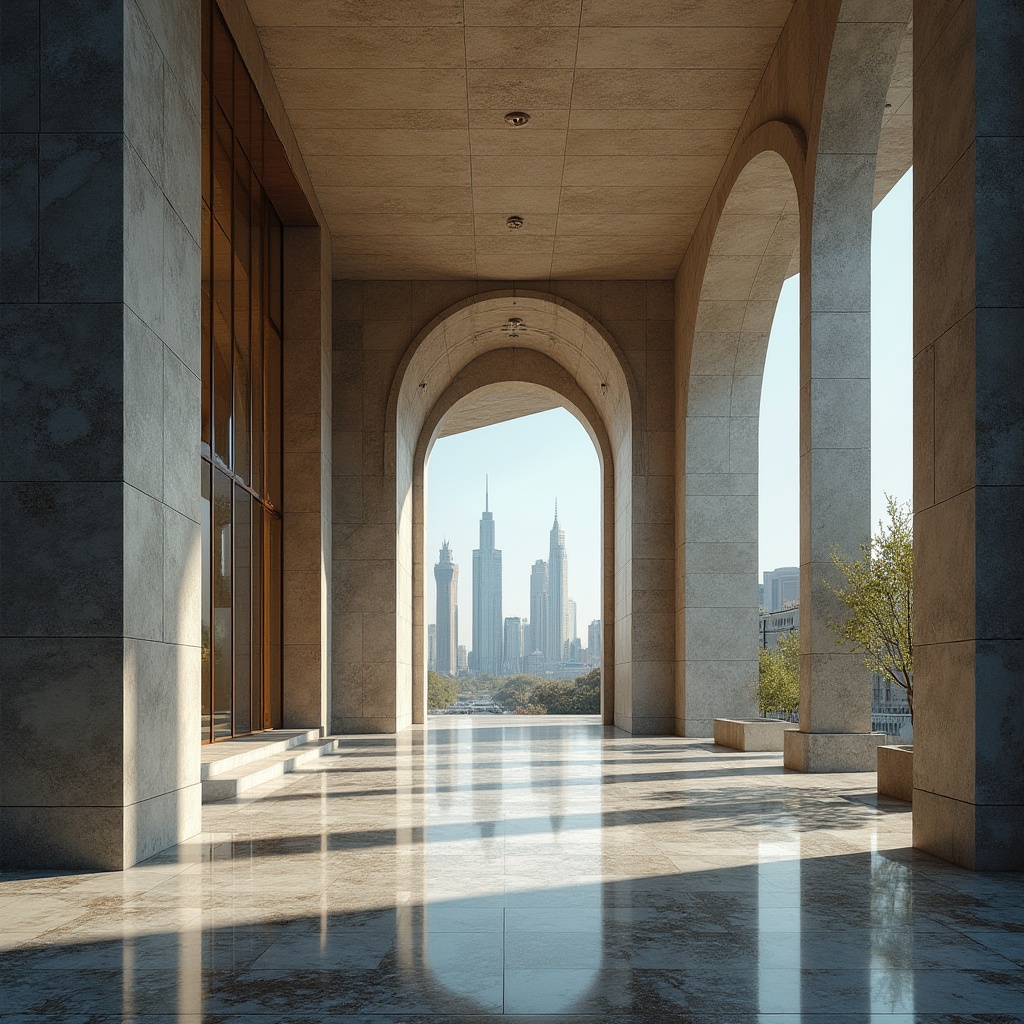 Prompt: Granite, modern architecture, luxurious building, skyscraper, urban landscape, cityscape, sleek lines, metallic accents, polished floor, textured wall, column, arch, angular shape, natural material, rough texture, earthy tone, monumental scale, dramatic lighting, low-angle shot, cinematic composition, high-contrast image, detailed reflections.