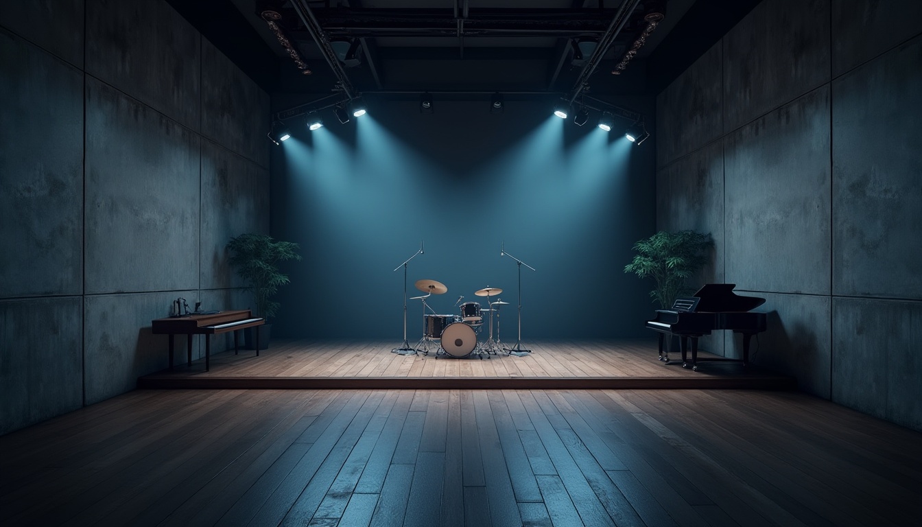 Prompt: Simple music venue, minimalistic interior design, empty space, concrete walls, wooden floor, limited seating, spotlights, dimmable lights, soundproofing materials, acoustic panels, microphone stand, drum set, piano, minimal decorations, industrial atmosphere, brutalist architecture, urban cityscape, night scene, dark blue tone, soft ambient lighting, 3/4 composition, cinematic mood.