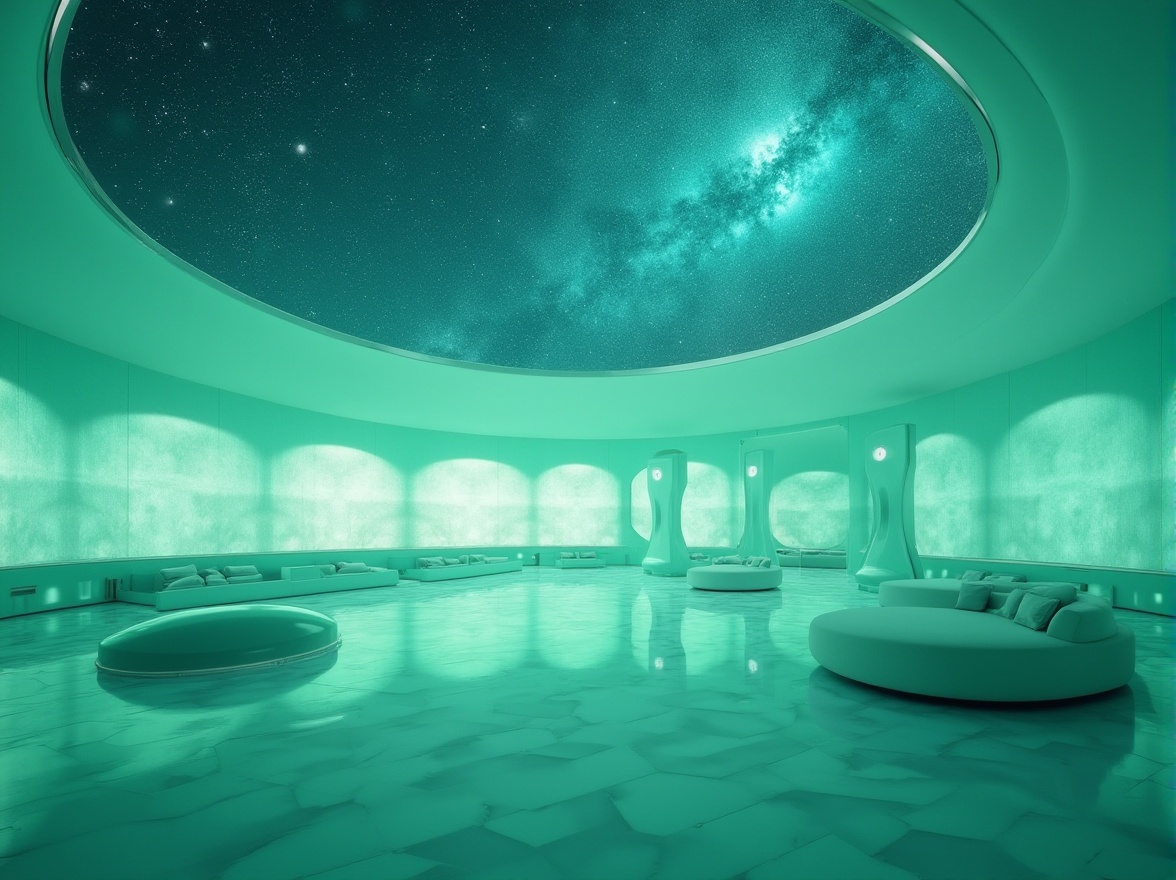 Prompt: Mint green interior, futuristic planetarium, starry night sky, dome-shaped ceiling, soft mint glow, subtle gradient effect, metallic accents, sleek lines, minimalist decor, circular seating arrangement, interactive exhibits, holographic projections, ambient lighting, misty atmosphere, 3/4 composition, cinematic mood, HDR rendering.