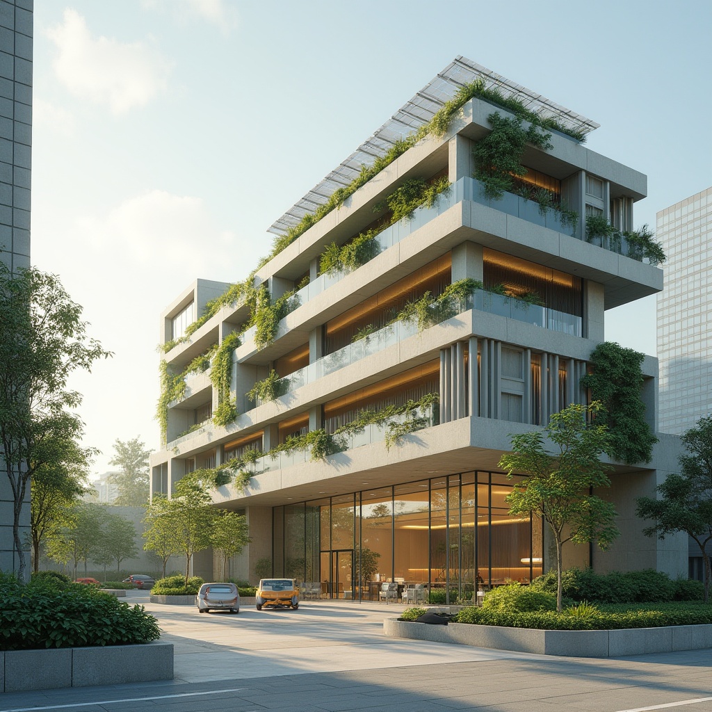 Prompt: Modern minimalist government building, sustainable architecture, green roof, solar panels, vertical garden, recyclable materials, eco-friendly furniture, simple lines, minimal ornaments, open space, natural light, airy atmosphere, urban cityscape, morning sun, soft shadows, 3/4 composition, cinematic lighting, realistic rendering.