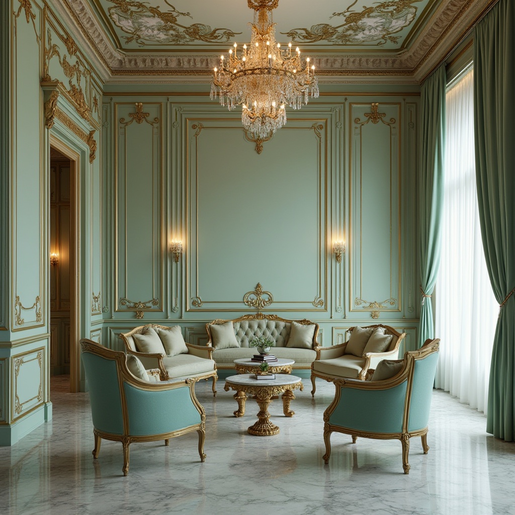 Prompt: Modern renaissance interior, mint color accents, ornate gold frames, velvet armchairs, intricately carved wooden tables, fresco-inspired ceilings, crystal chandeliers, marble floors, detailed moldings, grandiose curtains, luxurious fabrics, subtle lighting, warm ambiance, elegant atmosphere, 3/4 composition, cinematic rendering, high contrast ratio.