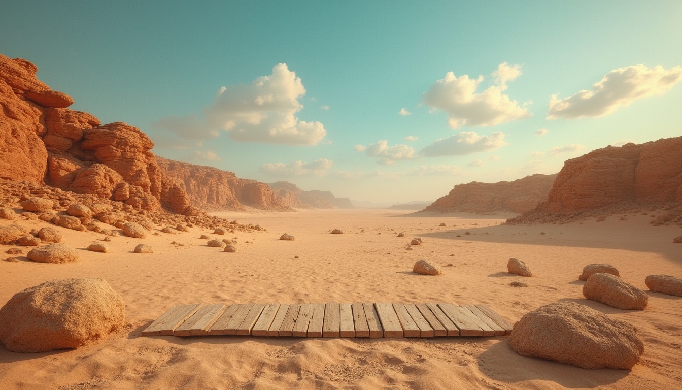 Prompt: Desert landscape, Ocher color palette, warm beige sand dunes, rust-red rocky formations, turquoise accents, vast open space, clear blue sky with few white clouds, dramatic sunset, golden hour lighting, shallow depth of field, detailed texture, natural rough stone, weathered wooden planks, old worn-out leather accessories, minimal composition, 3/4 rule, warm ambient light.