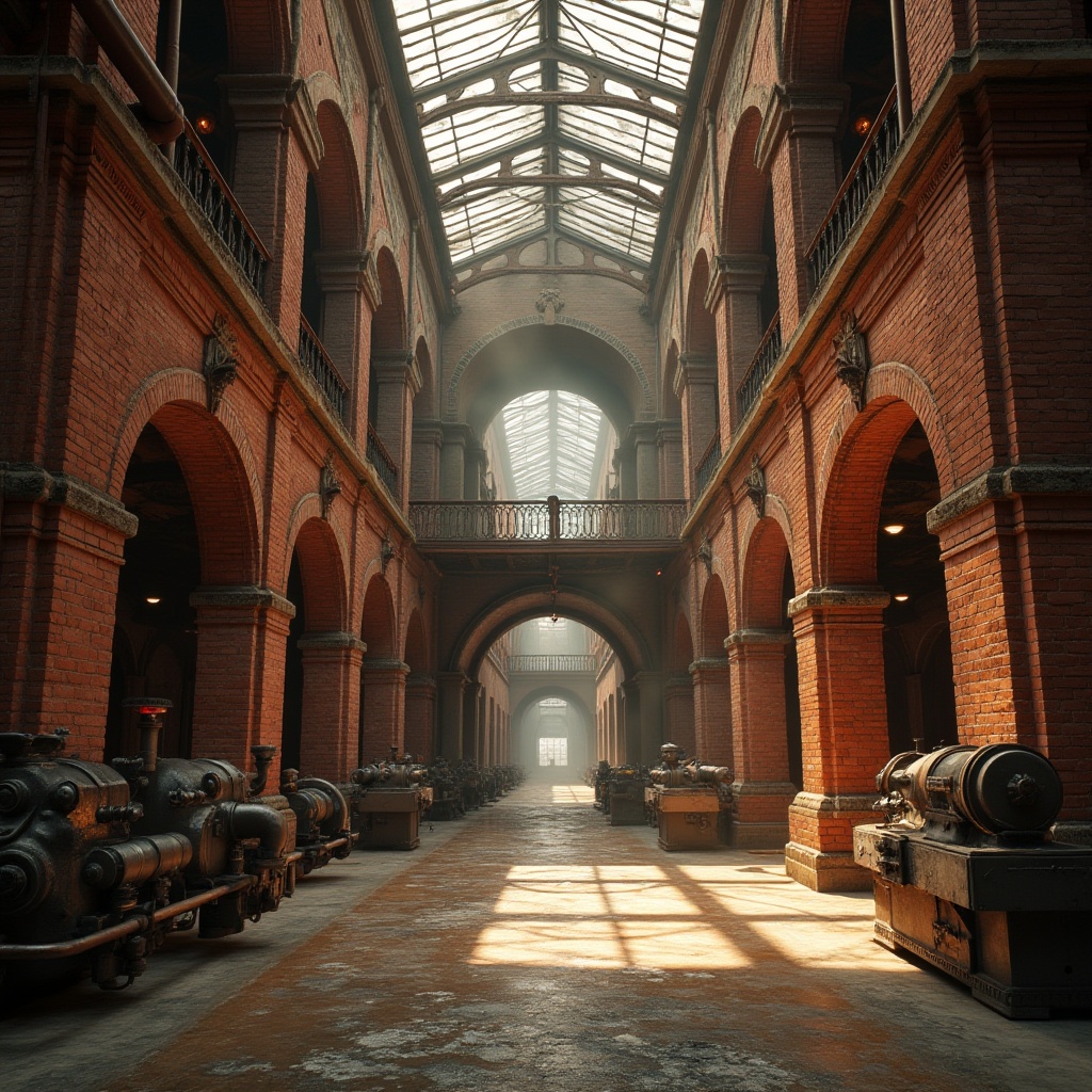 Prompt: Renaissance-inspired industrial complex, brick-red facade, grand arches, ornate stone carvings, metal rivets, steel beams, glass ceilings, exposed ductwork, concrete floors, vintage machinery, copper pipes, intricate mosaics, warm golden lighting, atmospheric fog, dramatic shadows, 3/4 composition, low-angle shot, symmetrical framing.