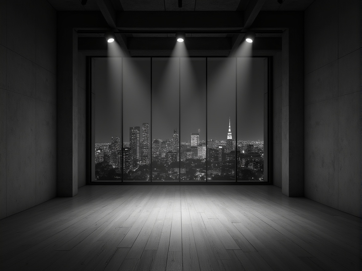 Prompt: Simple music venue, minimalism, empty space, concrete walls, wooden floor, spotlights, stage in center, few audience seats, industrial style, modern architecture, cityscape view from large windows, night scene, soft lighting, calm atmosphere, 3/4 composition, shallow depth of field, monochrome tone, cinematic mood.