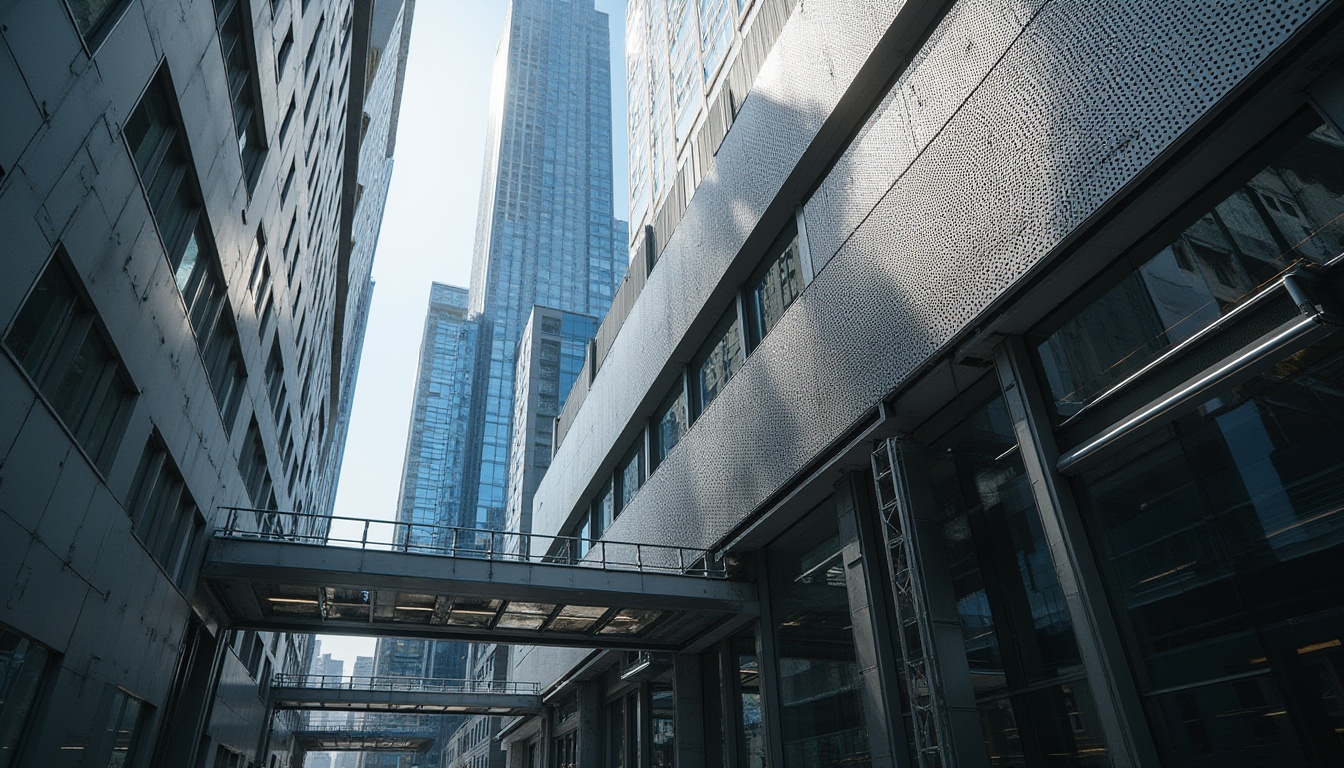 Prompt: Modern architecture, perforated metal façade, sleek lines, geometric shapes, urban cityscape, skyscraper, steel beams, industrial chic, minimalist design, metallic texture, reflective surface, afternoon sunlight casting sharp shadows, low-angle shot, 3/4 composition, shallow depth of field, brutalist aesthetic, high-tech materials, innovative structure.