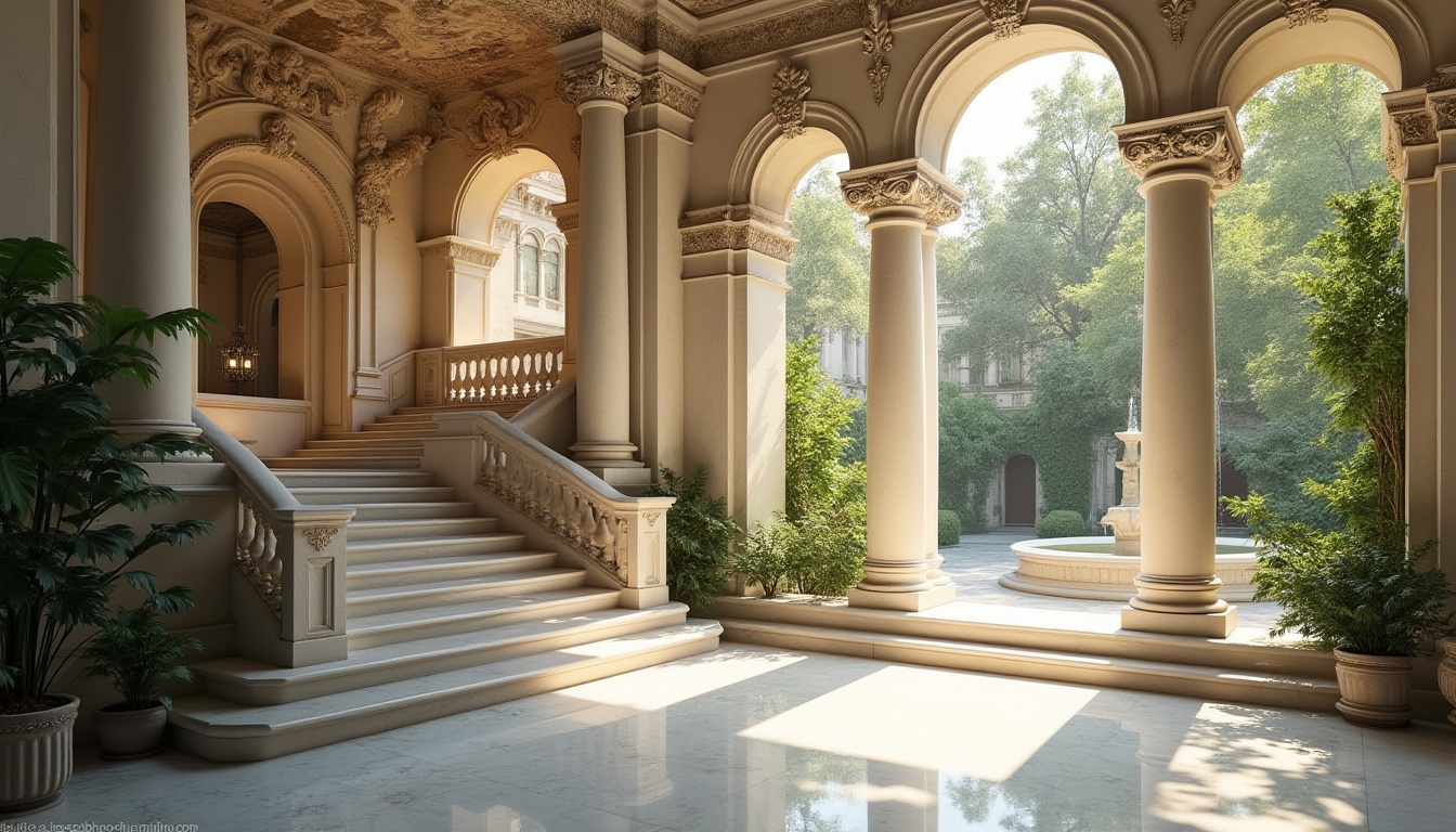 Prompt: Renaissance pavilion, grand staircase, ornate balustrade, white marble columns, intricate carvings, polished marble floor, ornamental fountain, lush greenery, Italian courtyard, sunny afternoon, soft warm light, dramatic shadows, 3/4 composition, symmetrical balance, high ceiling, grandeur atmosphere, detailed textures.