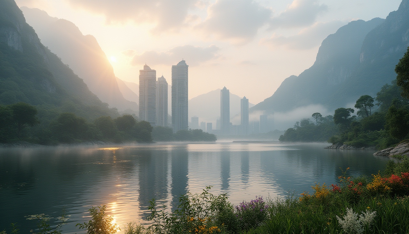 Prompt: Lakefront skyscrapers, modern architecture, merging nature, serene lake, calm waters, lush greenery, vibrant flowers, towering trees, majestic mountains, misty fog, soft morning light, panoramic view, 3/4 composition, realistic, ambient Occlusion, cinematic atmosphere, warm sunset colors.