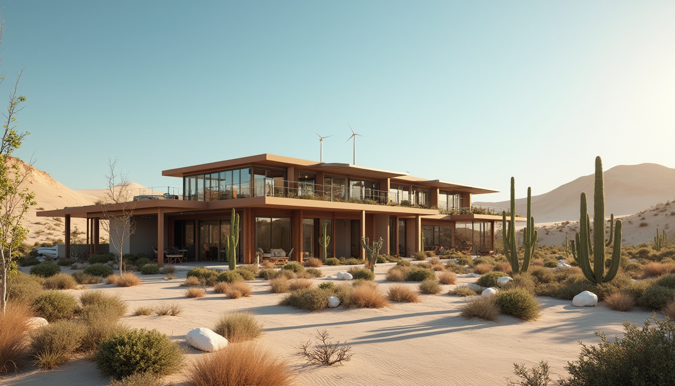 Prompt: Desert hotel, modern architecture, eco-friendly, sustainable design, green roof, solar panels, wind turbines, recycled materials, minimalist decor, natural textures, earthy tones, cacti garden, sandy dunes, clear blue sky, warm sunlight, dramatic shadows, 3/4 composition, low-angle shot, soft focus, natural lighting.