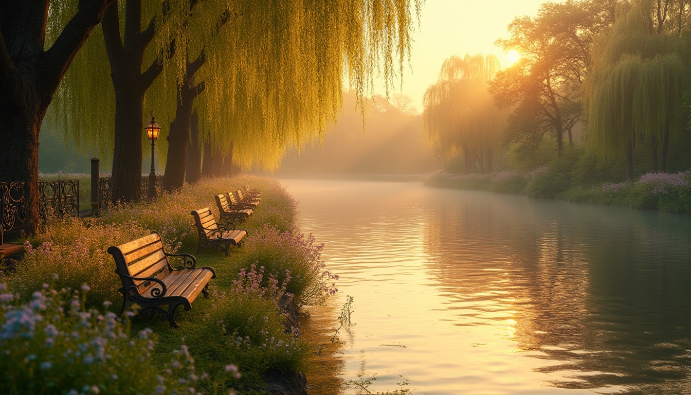 Prompt: Elegant riverbank, classicism style, serene atmosphere, golden sunset, warm light, gentle ripples on water surface, weeping willows, blooming wildflowers in pastel colors, vintage wooden benches, intricate iron railings, lush greenery, majestic trees, tranquil ambiance, soft focus, warm lighting, 3/4 composition, panoramic view, cinematic mood, depth of field, oil painting texture.