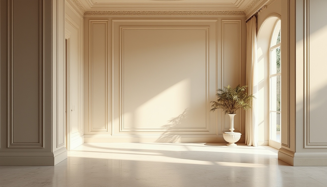 Prompt: Architectural visualization, interior design, modern villa, luxurious living room, plaster material, textured walls, smooth ceilings, ornate moldings, cream-colored, soft natural light, afternoon sunbeams, 3/4 composition, warm ambient lighting, shallow depth of field, realistic rendering, high-quality textures.