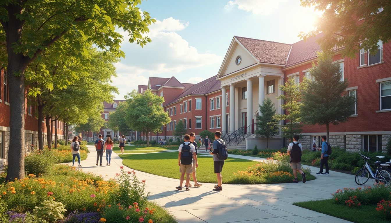 Prompt: Modern university campus, regionalism style, red brick buildings, sloping roofs, white columns, stone walls, lush greenery, vibrant flower beds, meandering walkways, students walking, laughing, chatting, backpacks, laptops, books, bicycles parked, sunny day, warm lighting, soft shadows, 3/4 composition, shallow depth of field.