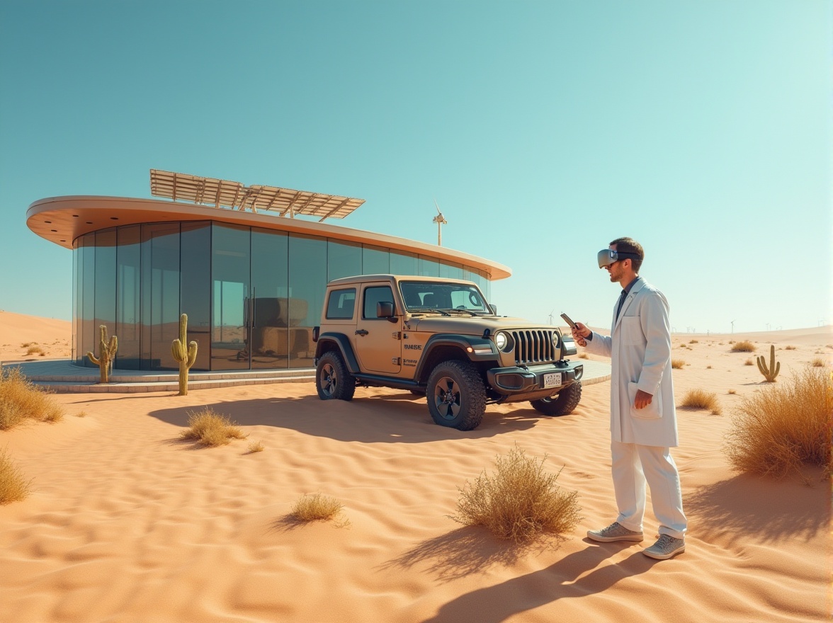 Prompt: Desert landscape, sandy dunes, hot sunny day, clear blue sky, cacti scattered, a futuristic building, modern architecture, glass facade, metal frame, sleek lines, minimalist decor, solar panels on roof, wind turbines in distance, oculus rift on rooftop, researcher in lab coat, goggles, holding tablet, standing near sand-covered jeep, wheels half-buried, dramatic shadows, low-angle shot, warm color tone, cinematic composition.