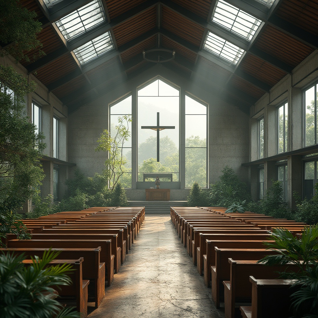 Prompt: Modern church, corrugated iron roofing, industrial chic, minimalist interior, natural light pouring through large skylights, sleek lines, rectangular windows, simple cross, stone walls, lush greenery surrounding the building, calm atmosphere, morning dew, soft mist, gentle sunlight, 3/4 composition, low-angle shot, rustic texture, weathered metal.