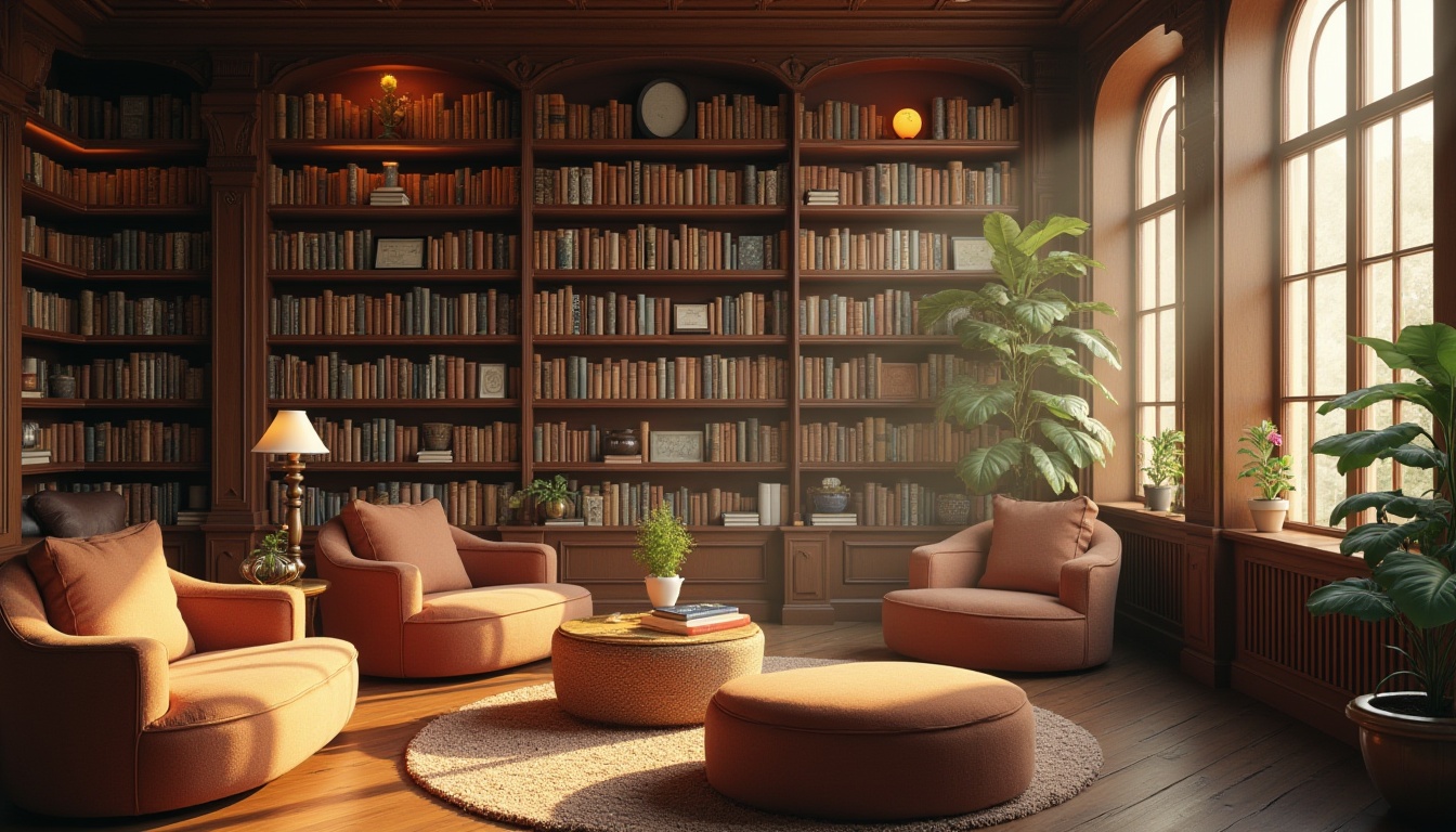 Prompt: Cozy library interior, warm coffee colors, wooden bookshelves, comfortable reading nook, plush armchairs, soft cushions, natural light pouring through large windows, plants on tables, aroma of freshly brewed coffee, steam rising from a cup, gentle morning sunlight, calm atmosphere, soft focus, warm lighting, 3/4 composition, realistic textures.