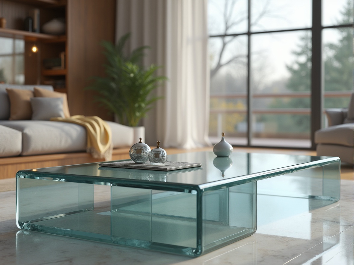 Prompt: Glass material, transparent, reflective, sleek, modern, minimalist, luxurious, interior design, decorative accents, coffee table, living room, bright lighting, soft shadows, 3/4 composition, ambient occlusion, HD rendering.