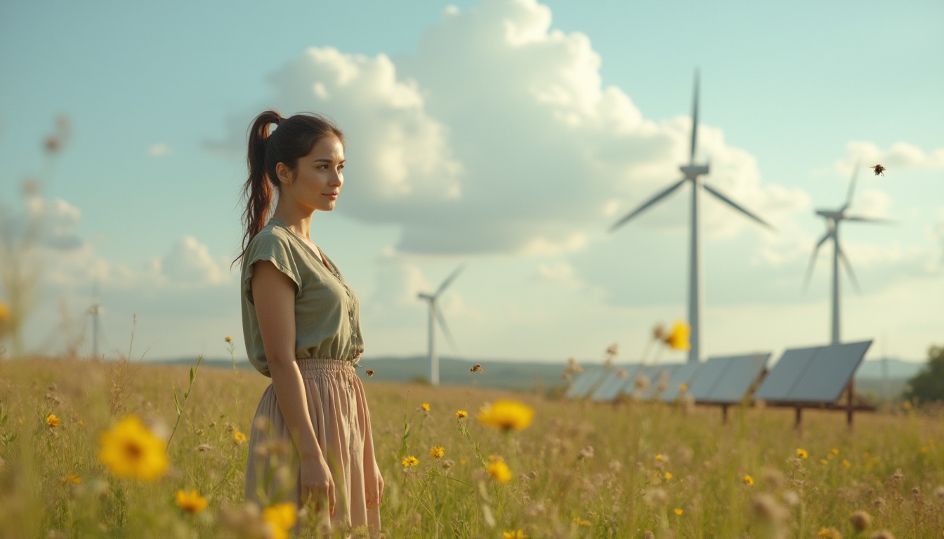 Prompt: Eco-friendly woman, 25yo, ponytail, natural makeup, earthy tone clothing, standing, grassland, sunny day, fluffy white clouds, wind turbines, solar panels, recycled plastic benches, wildflowers blooming, bees flying around, gentle breeze, warm lighting, shallow depth of field, environmentalist, realistic, cinematic composition, panoramic view.