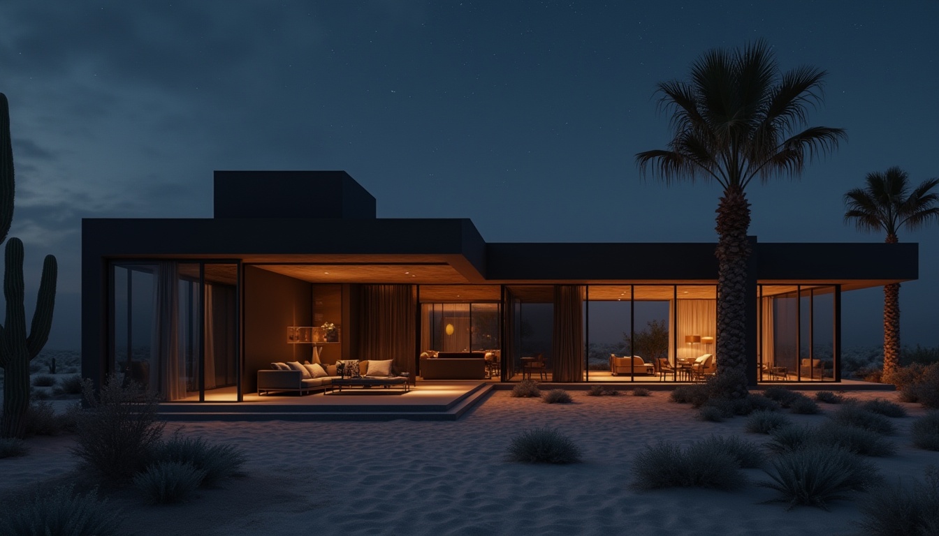 Prompt: Desert hotel, modern architecture, bold black color palette, sleek lines, angular structure, large glass windows, sliding doors, minimalist decor, luxurious interior, lavish furniture, rich textures, metallic accents, dim warm lighting, evening ambiance, starry night sky, cacti surrounded, sandy dunes, palm trees swaying, misty fog rolling in, dramatic low-angle shot, cinematic composition.