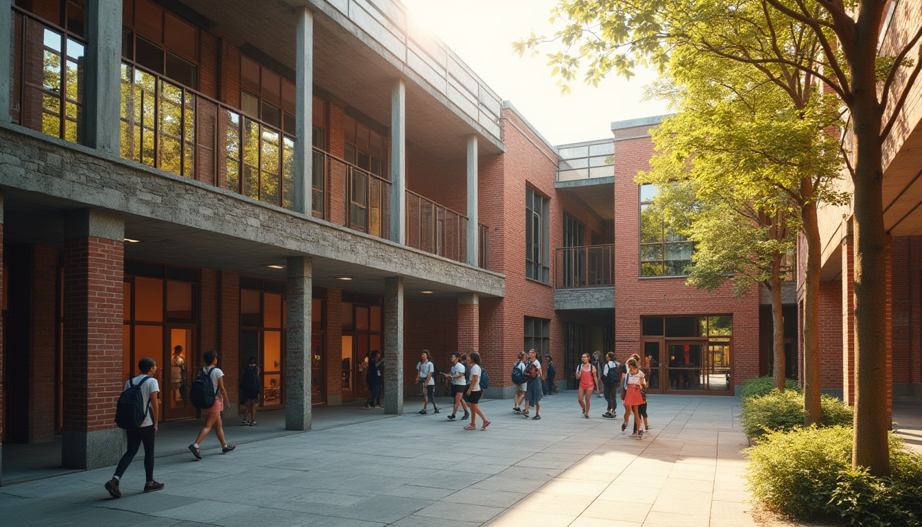 Prompt: Modern school building, masonry material, brick red walls, stone foundation, concrete floors, wooden doors, metal frames, large windows, natural light, open courtyard, greenery, trees, students walking, backpacks, smiling faces, warm atmosphere, afternoon sunlight, soft shadows, 3/4 composition, high angle shot, realistic texture, detailed structure, ambient lighting.