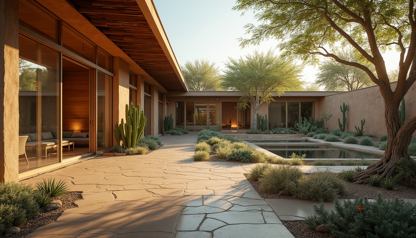 Prompt: Desert hotel, luxurious interior, modern architecture, sustainable practices, eco-friendly materials, solar panels, green roof, water conservation system, recycling facilities, organic garden, cactus decorations, natural stone walls, wooden accents, large windows, panoramic view, 3/4 composition, warm lighting, ambient atmosphere, minimalist decor, earthy tones, serene ambiance.