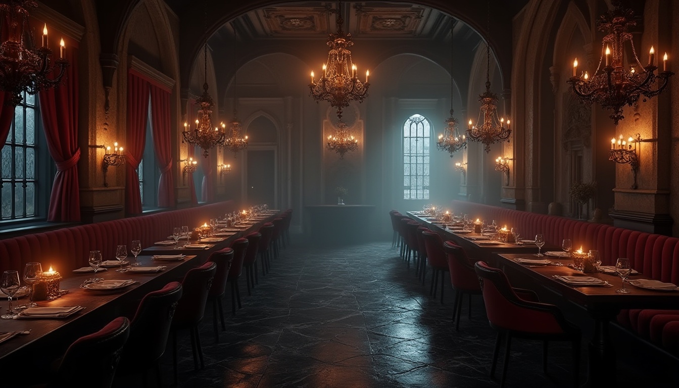 Prompt: Dark, mysterious Gothic style restaurant, dimly lit, ornate wooden tables, velvet upholstered chairs, intricately carved wooden benches, crimson red curtains, medieval-inspired iron chandeliers, stone walls, grandiose high ceilings, luxurious golden accents, richly textured black marble floors, mysterious, foggy atmosphere, candlelight, soft focus, cinematic composition.