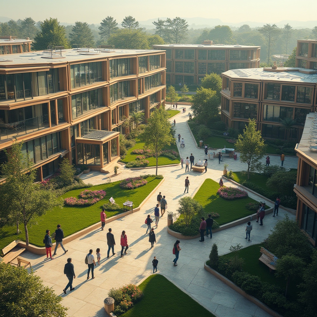 Prompt: University campus, regionalism, successful implementation, modern architecture, green roofs, solar panels, wooden benches, students walking, laptops open, group discussion, professor lecturing, blackboard filled with equations, library shelves stacked with books, reading rooms with comfortable chairs, natural light pouring in, trees surrounding the buildings, blooming flowers, sunny day, gentle breeze, warm atmosphere, vibrant colors, 3/4 composition, soft focus on background, cinematic lighting.