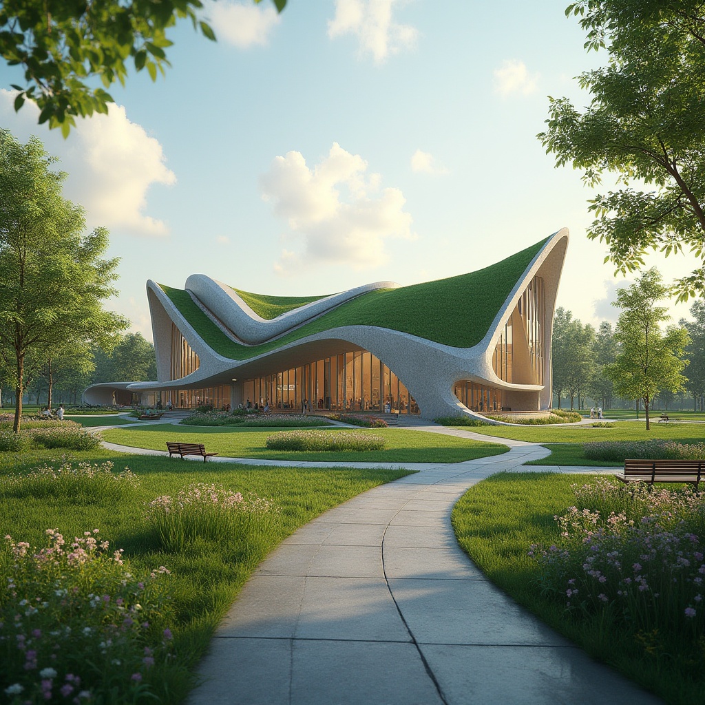 Prompt: Modern church, metabolism style architecture, green roof, curved lines, irregular shape, integrated with park, lush greenery, flowers blooming, walking paths, benches, serene atmosphere, natural light filtering through glass windows, soft shadows, warm ambient lighting, vibrant colors, intricate details, futuristic feel, harmonious blend of nature and technology, panoramic view, 3/4 composition, shallow depth of field.