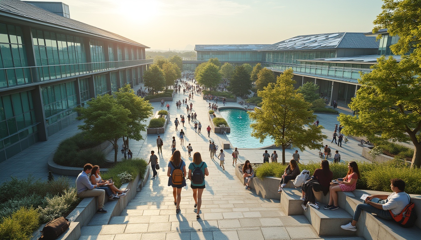 Prompt: University campus, regionalism concept, modern architecture, glass buildings, green roofs, solar panels, courtyard with fountain, students walking, backpacks, laptops, notebooks, diverse ethnicities, casual clothing, sneakers, sitting on stairs, reading, discussing, panoramic view, natural lighting, afternoon sun, warm colors, vibrant atmosphere, 3/4 composition, depth of field, realistic textures.