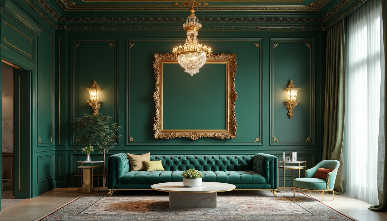 Prompt: Luxurious interior design, malachite green walls, ornate golden frame, velvet sofa, tufted upholstery, marble coffee table, crystal chandelier, floor-to-ceiling curtains, silk drapes, lavish rug, intricate patterns, elegant lines, opulent fabrics, sophisticated ambiance, soft warm lighting, 3/4 composition, shallow depth of field.