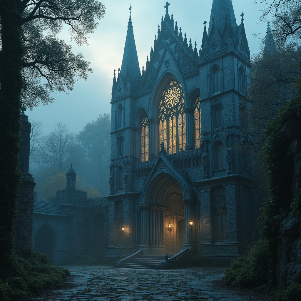 Prompt: Romanesque building, Indigo blue stone walls, ornate carvings, grand arches, stained glass windows, intricate mosaics, majestic towers, solemn atmosphere, warm golden lighting, subtle shading, dramatic clouds, misty morning, mystical ambiance, ancient ruins, overgrown vines, moss-covered stones, mysterious alleys, foggy background.