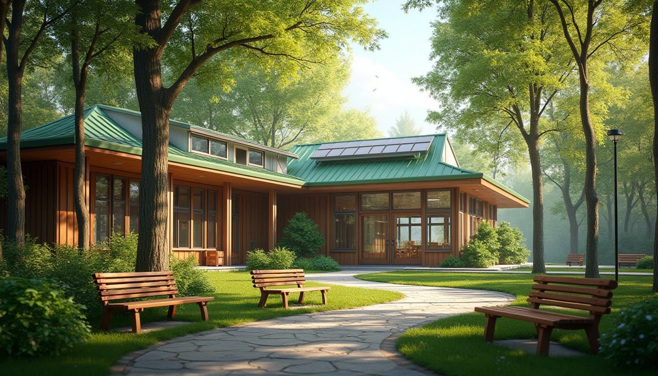 Prompt: Middle school, forest setting, modern architecture, wooden structure, green roof, solar panels, large windows, natural light, wooden benches, stone path, surrounded by tall trees, leafy canopy, birds chirping, gentle breeze, warm sunlight filtering through leaves, 3/4 composition, shallow depth of field, vibrant colors, realistic texture, ambient occlusion.