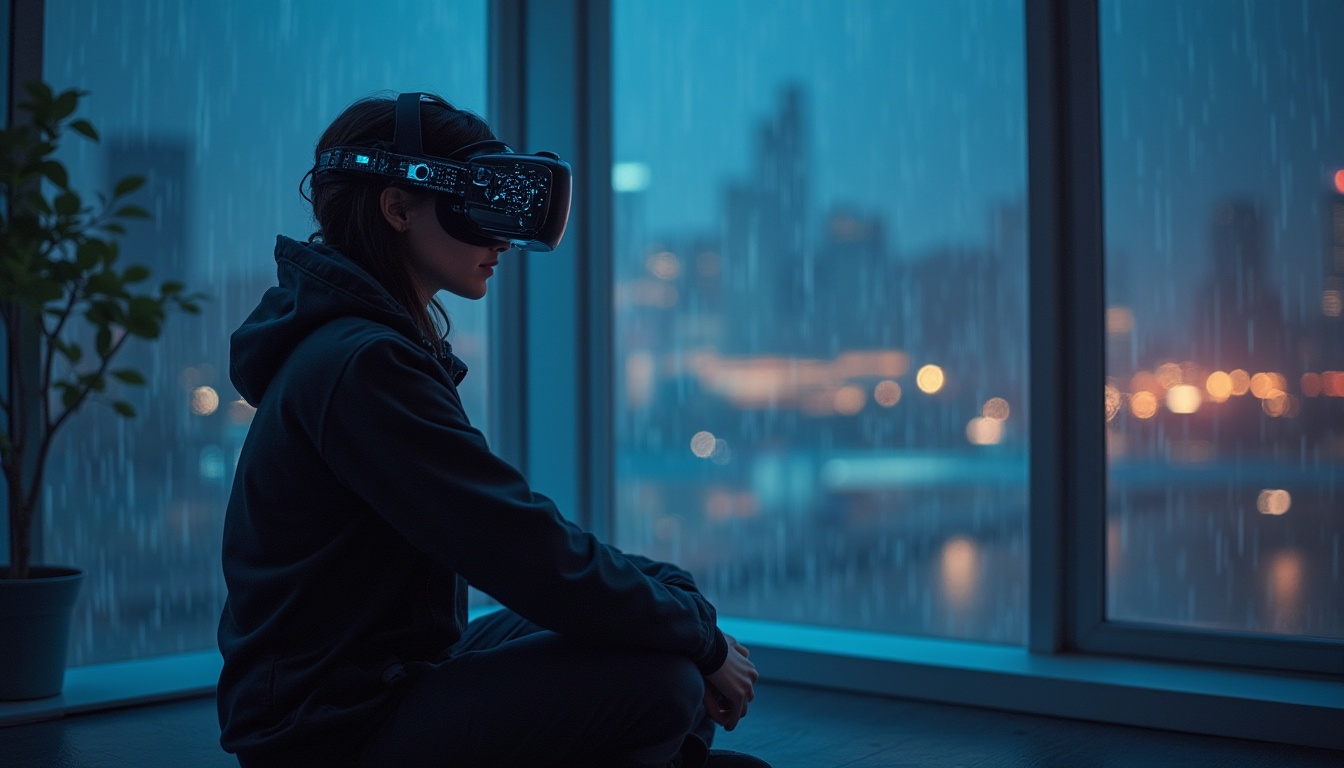 Prompt: Immersive experience designer, futuristic VR headset, sleek black design, neon blue accents, intricate circuitry details, sitting cross-legged, modern minimalist room, floor-to-ceiling windows, cityscape view, rainy night, softbox lighting, 3/4 composition, shallow depth of field, cinematic atmosphere, HDR.