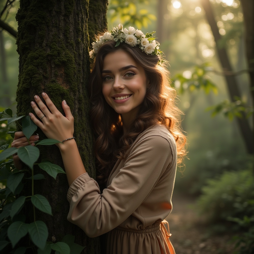 Prompt: Woman, 25yo, gentle smile, natural makeup, curly brown hair, green eyes, floral crown, standing, embracing tree, hugging trunk, forest, dense foliage, sunbeams filtering through leaves, warm light, peaceful atmosphere, misty background, soft focus, shallow depth of field, cinematic composition, ambient lighting, nature connection, harmony with environment.