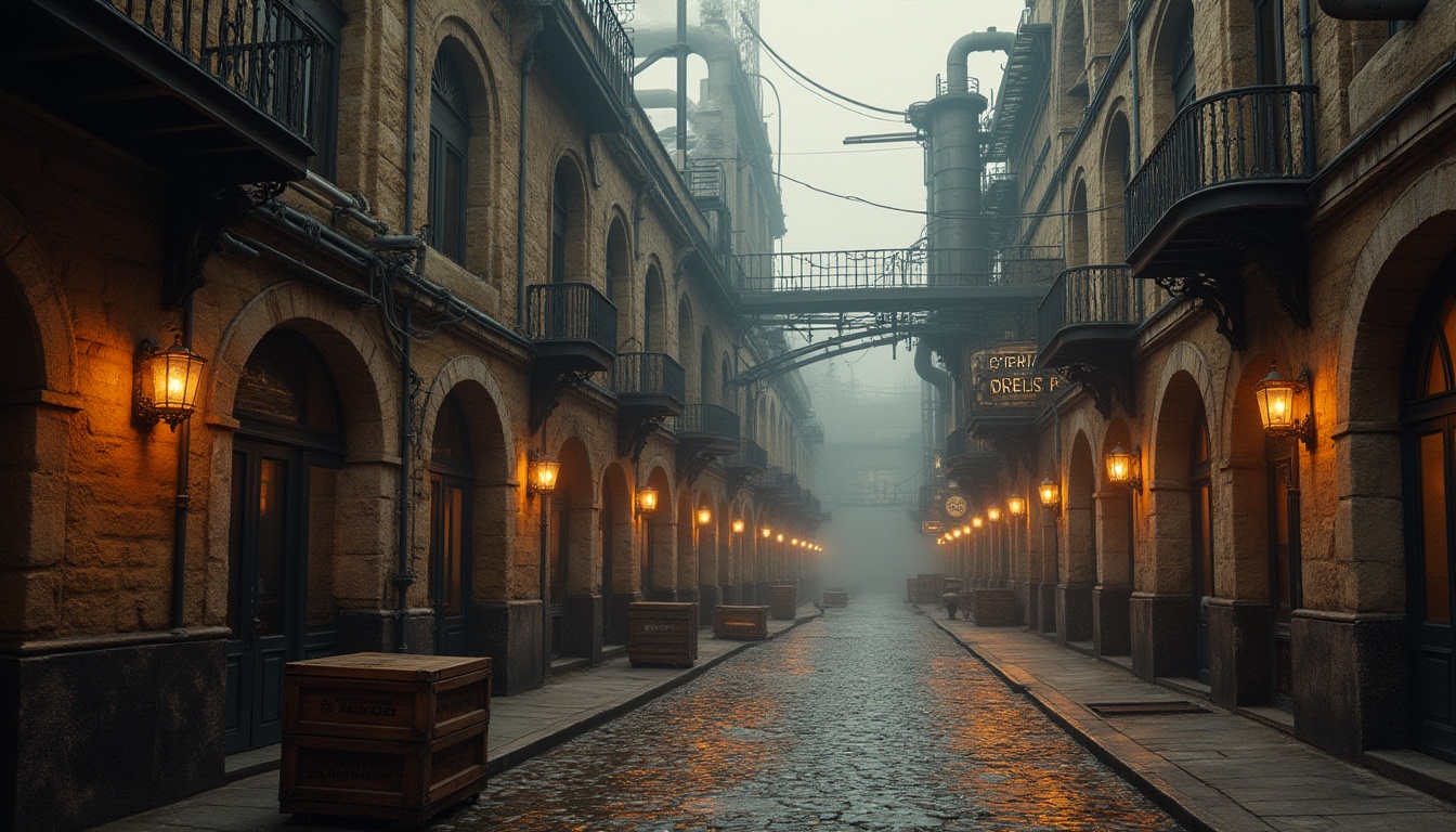 Prompt: Industrial area, Renaissance style adaptation, grandeur architecture, ornate details, arched windows, columned facade, rusticated stone walls, iron lanterns, cobblestone roads, vintage machinery, steam pipes, metallic scaffolding, distressed wood crates, old-fashioned signage, foggy atmosphere, warm golden lighting, 3/4 composition, cinematic mood, high contrast, dramatic shadows.