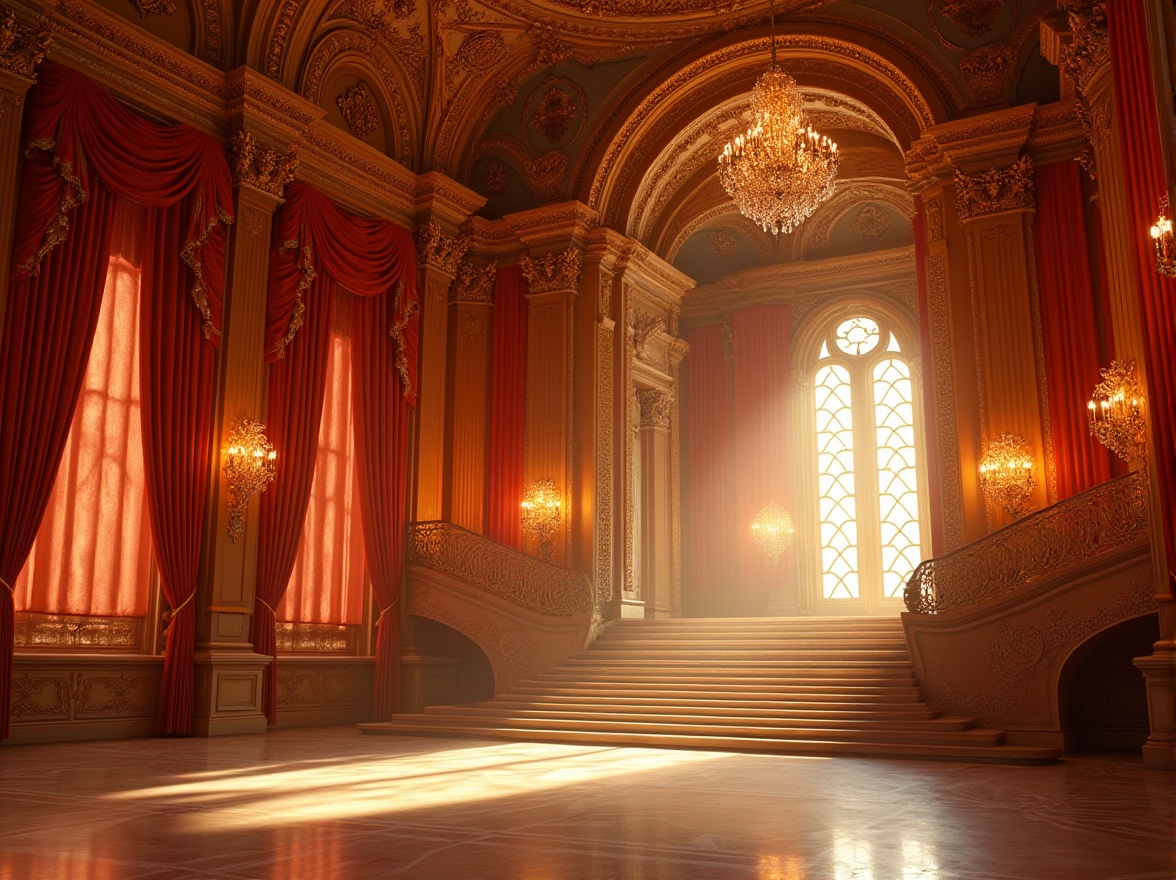 Prompt: Grand, luxurious opera house, incorporating vibrant orange color, intricate Baroque architecture, ornate golden details, red velvet curtains, majestic staircase, crystal chandeliers, marble floors, soft warm lighting, dramatic shadows, 3/4 composition, low-angle shot, Renaissance-style frescoes, opulent interior, grandiose atmosphere, afternoon sun rays streaming through stained glass windows.