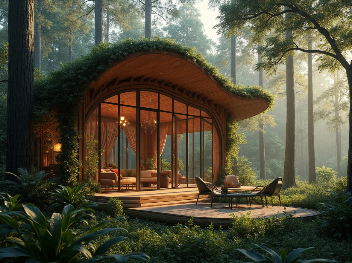 Prompt: Forest-inspired pavilion, luxurious, modern architecture, curved lines, natural materials, wooden beams, glass roof, greenery walls, vines crawling up, twinkling string lights, soft warm lighting, afternoon sunbeams, misty atmosphere, surrounded by tall trees, ferns, wildflowers, a serene forest floor, quiet, peaceful ambiance, 3/4 composition, wide-angle lens, cinematic mood, bokeh effect.