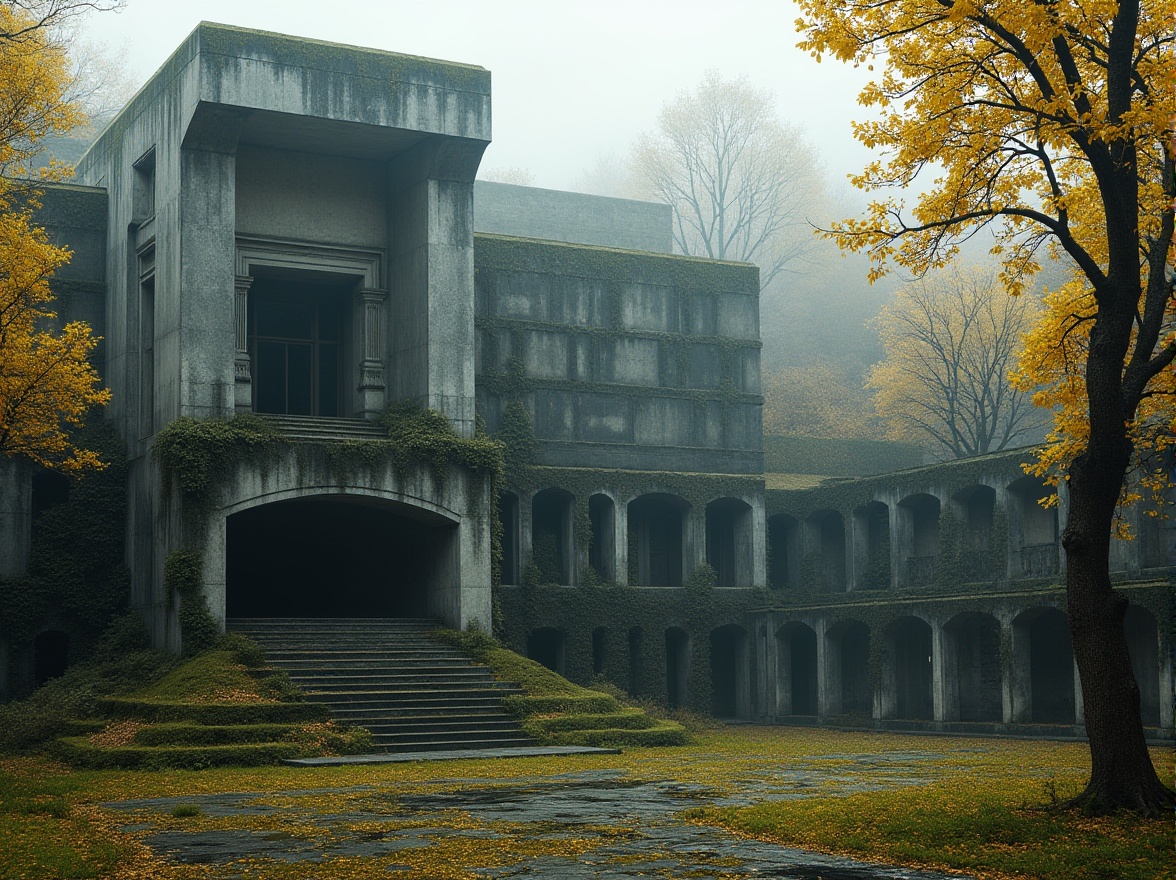 Prompt: Brutalist monastery, concrete architecture, rugged stone walls, imposing fortress-like structure, overgrown with ivy, moss-covered courtyard, serene park surroundings, autumn foliage, vibrant yellow leaves, misty morning atmosphere, soft diffused light, atmospheric perspective, dramatic composition, 3/4 view, cinematic mood, mysterious ambiance, abandoned yet peaceful.