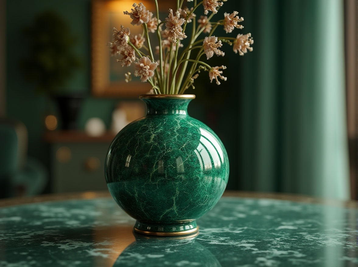 Prompt: luxurious, malachite green, emerald tone, glossy finish, ornate patterns, intricate details, luxurious fabrics, velvet, silk, satin, marble, crystal, gemstone, elegant vase, decorative centerpiece, sophisticated ambiance, warm golden lighting, soft focus, shallow depth of field, 3/4 composition, high-end interior design.