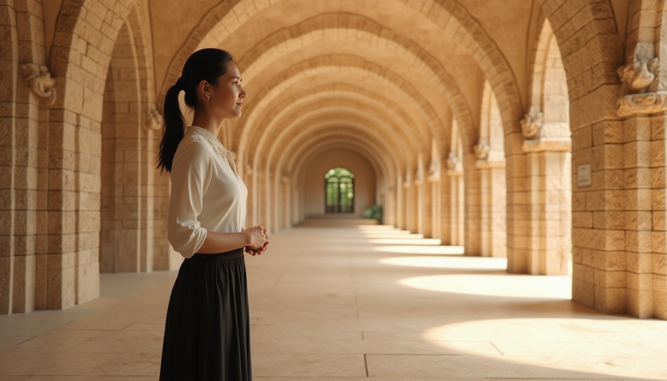 Prompt: Sandstone memorial center, grand entrance, curved architecture, warm beige sandstone walls, intricate carvings, solemn atmosphere, mature lady, 40s, black hair, simple makeup, white blouse, long dark skirt, standing, hands clasped, respectful, panoramic view, low-angle shot, natural light, soft shadows, serene ambiance.