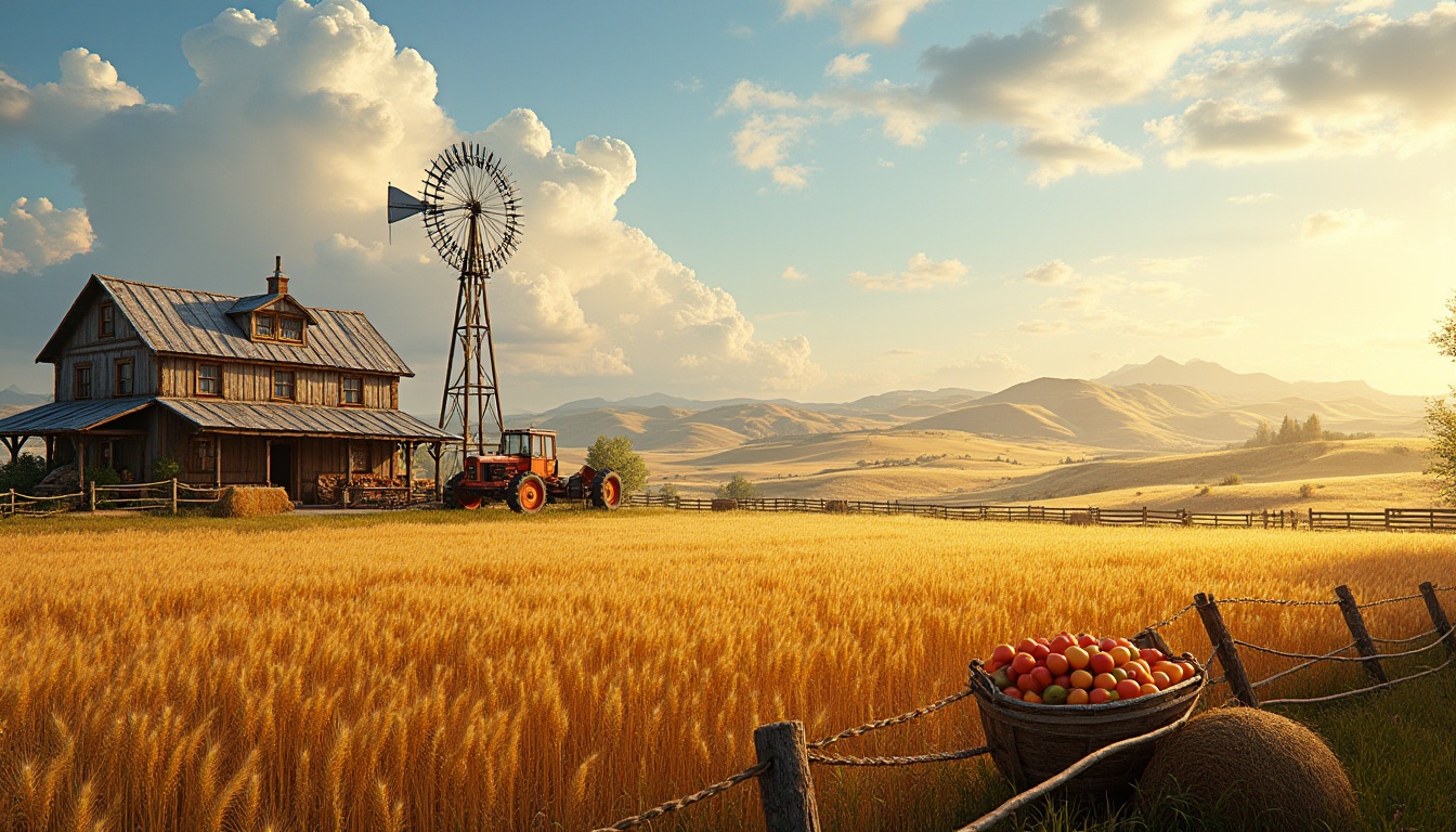 Prompt: Rustic farm landscape, golden wheat fields, rolling hills, old wooden fences, vintage tractors, farmers' market stalls, baskets of fresh fruits and vegetables, hay bales, a rustic farmhouse with a tin roof, a windmill in the distance, sunny day, warm soft light, gentle breeze, panoramic view, 3/4 composition, natural textures, earthy tones.