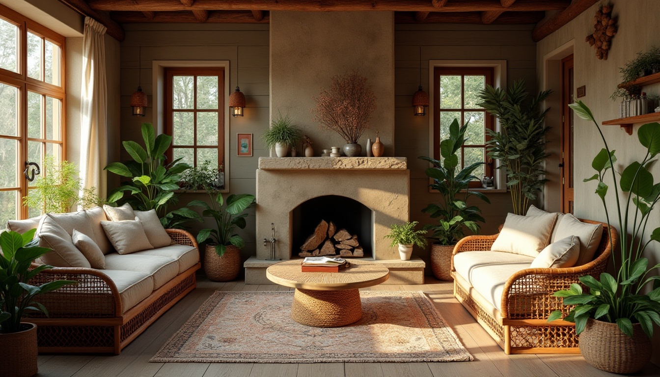 Prompt: Cozy living room, rustic wooden walls, vintage windows, natural stone fireplace, woven rattan furniture, plush cushions, soft warm lighting, comfortable reading nook, lush green plants, distressed wooden floor, nature-inspired decorative items, earthy color palette, peaceful atmosphere, morning sunlight, soft focus, 3/4 composition, warm tone.