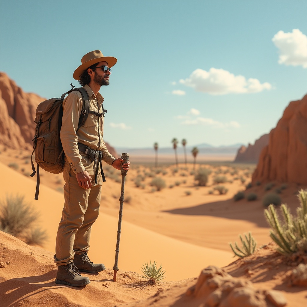 Prompt: ocher color, desert landscape, warm sunny day, vast sandy dunes, rocky formations, cacti, succulents, worn leather boots, khaki clothing, wide-brimmed hat, sunglasses, backpack, trekking pole, distant oasis, palm trees, blue sky with few white clouds, soft warm lighting, shallow depth of field, cinematic composition.