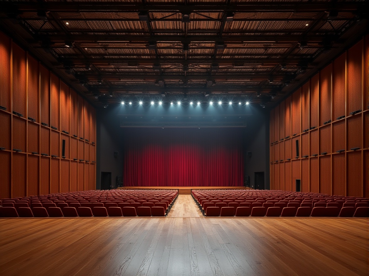 Prompt: Auditorium interior, corrugated iron ceiling, modern industrial design, metal beams, spotlights, grand stage, red velvet curtains, wooden seats, polished floor, acoustic panels, minimalist decor, urban atmosphere, dramatic lighting, low-angle shot, wide-angle lens, architectural photography.