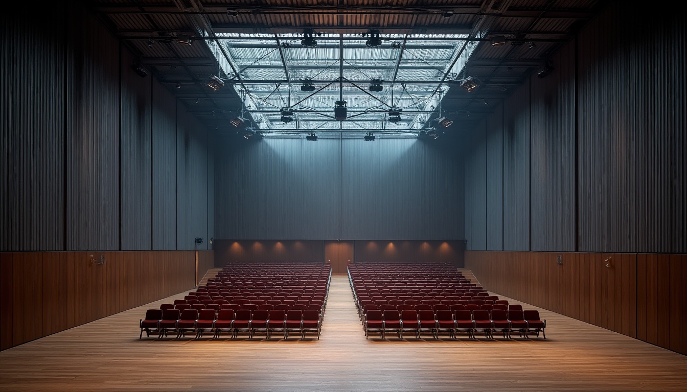 Prompt: Auditorium interior, modern architecture, corrugated iron ceiling, industrial chic, silver metallic texture, geometric patterns, spotlights, rows of seats, wooden floor, minimalist design, empty space, dramatic lighting, high angle shot, symmetrical composition, bold contrast, abstract background.