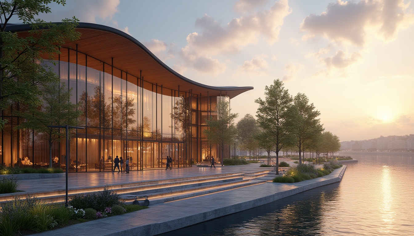 Prompt: Cultural center, riverbank, modern architecture, glass facade, wooden accents, curved lines, staircase, water reflection, sunset view, urban landscape, city skyline, pedestrian walkway, benches, lamp posts, trees, flowers, calm atmosphere, warm lighting, 3/4 composition, cinematic shot, depth of field, realistic rendering.