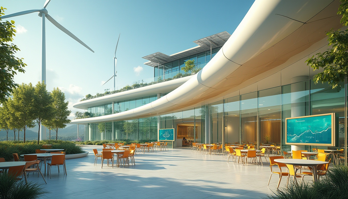 Prompt: Modern futuristic school building, sleek lines, glass facade, rooftop garden, solar panels, wind turbines, green walls, vibrant colors, open spaces, collaborative learning areas, interactive whiteboards, augmented reality displays, ergonomic chairs, minimalist desks, natural light pouring in, 3/4 composition, soft focus, warm tone, educational atmosphere.