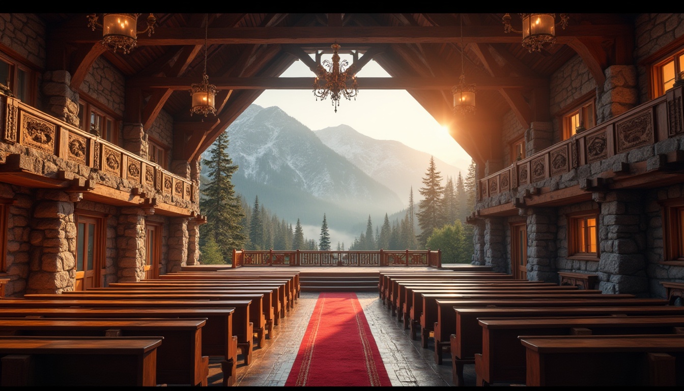 Prompt: Mountainous region, auditorium, vernacular architecture, grand hall, high ceiling, wooden beams, stone walls, rustic chandeliers, cozy atmosphere, warm lighting, wooden benches, red carpet, majestic mountains outside, snow-capped peaks, pine trees surrounding, foggy misty morning, golden hour, 3/4 composition, softbox lighting, cinematic mood, realistic textures.