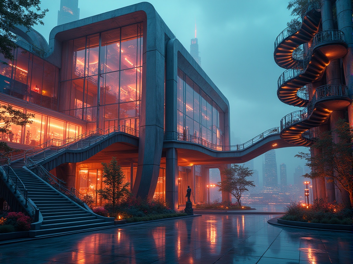 Prompt: Futuristic science center, expressionist architecture, curved lines, irregular shapes, vibrant colors, glowing neon lights, angular glass façade, steel beams, exposed ductwork, minimal decorations, abstract sculptures, spiral staircases, panoramic city view, urban landscape, dusk, warm lighting, high-contrast shadows, cinematic composition, futuristic ambiance, 3/4 composition, symmetrical reflection.