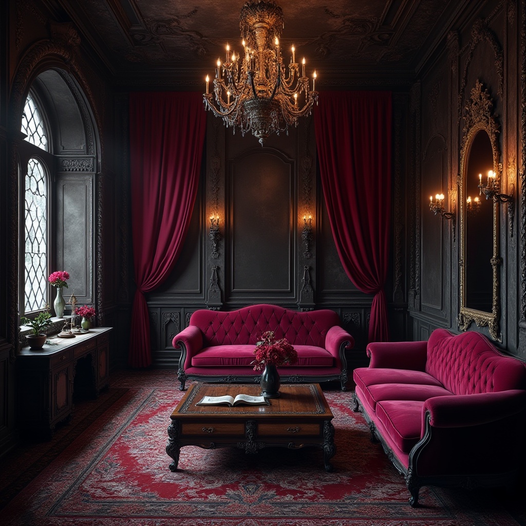 Prompt: Gothic-inspired interior design, luxurious velvet couch, ornate wooden coffee table, intricately carved stone walls, grand chandelier, mysterious ambiance, dimly lit, lavish drapery, rich red and purple hues, mystical atmosphere, Victorian-era influenced, majestic architecture, opulent decorations, solemn tone, dramatic lighting, dark wood accents, regal furnishings, eerie silence, abandoned mansion, forgotten library, ancient tome, mysterious artifacts.